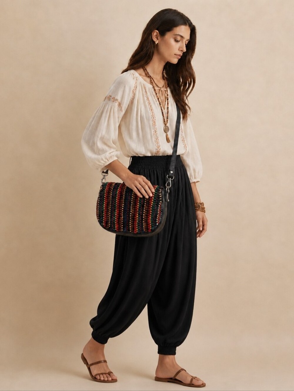 PATRICIA NASH Black Leather w Multicolor Beading Crossbody Bag - Picture 4 of 10